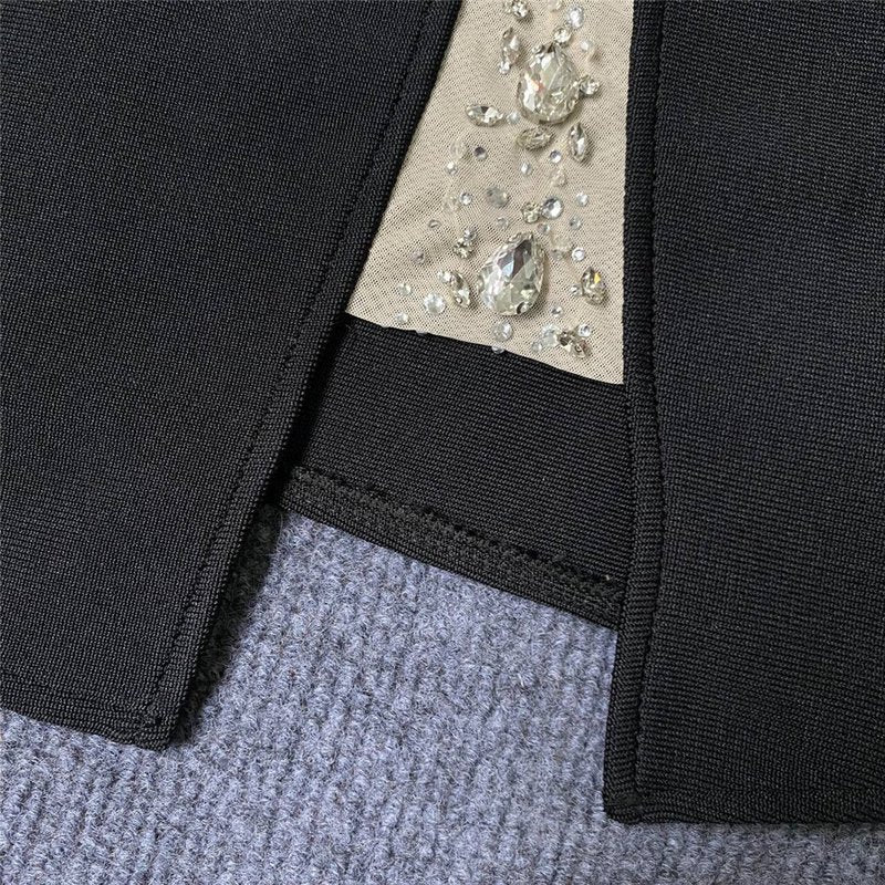 Black Feather Sleeve Embellished Bodycon Dress H6281