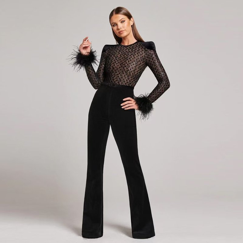 Black Feather Sleeve Velvet Jumpsuit H6435