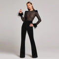 Black Feather Sleeve Velvet Jumpsuit H6435