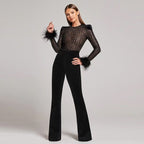 Black Feather Sleeve Velvet Jumpsuit H6435