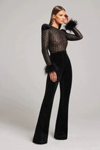 Black Feather Sleeve Velvet Jumpsuit H6435