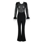 Black Feather Sleeve Velvet Jumpsuit H6435
