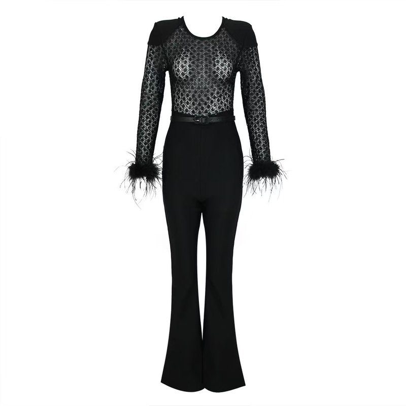 Black Feather Sleeve Velvet Jumpsuit H6435