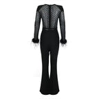 Black Feather Sleeve Velvet Jumpsuit H6435
