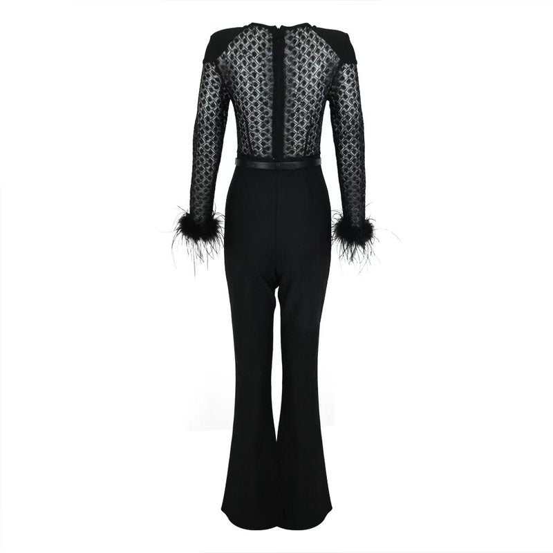 Black Feather Sleeve Velvet Jumpsuit H6435