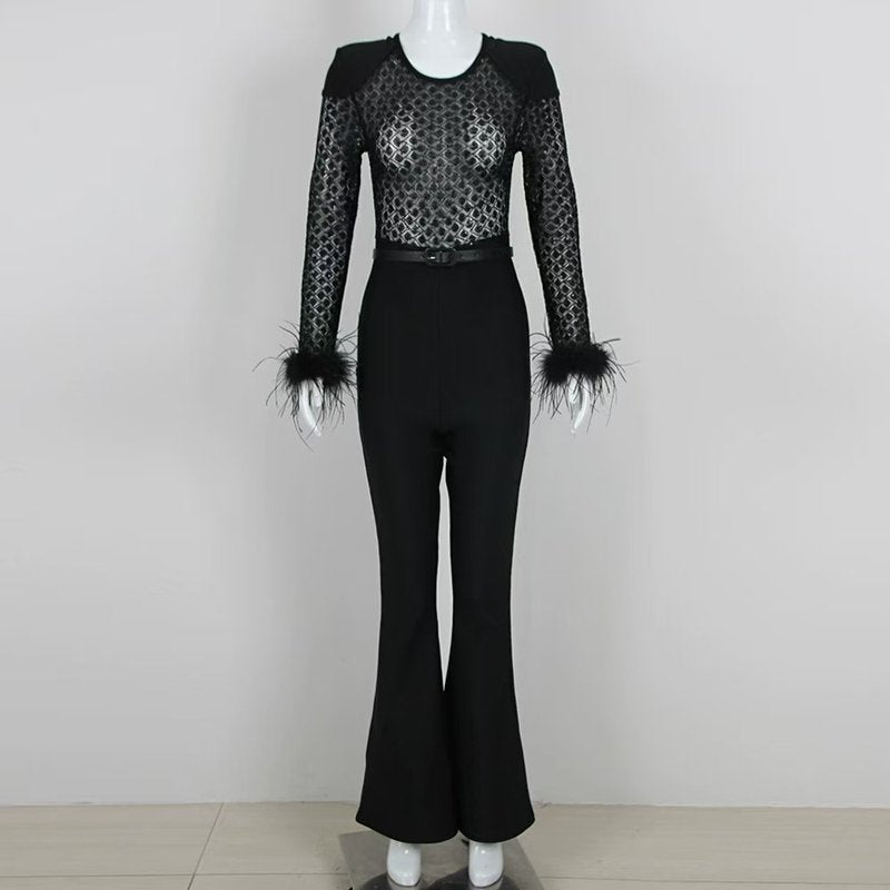 Black Feather Sleeve Velvet Jumpsuit H6435