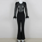 Black Feather Sleeve Velvet Jumpsuit H6435