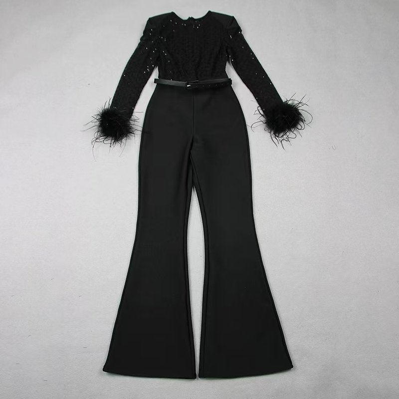 Black Feather Sleeve Velvet Jumpsuit H6435