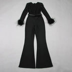Black Feather Sleeve Velvet Jumpsuit H6435
