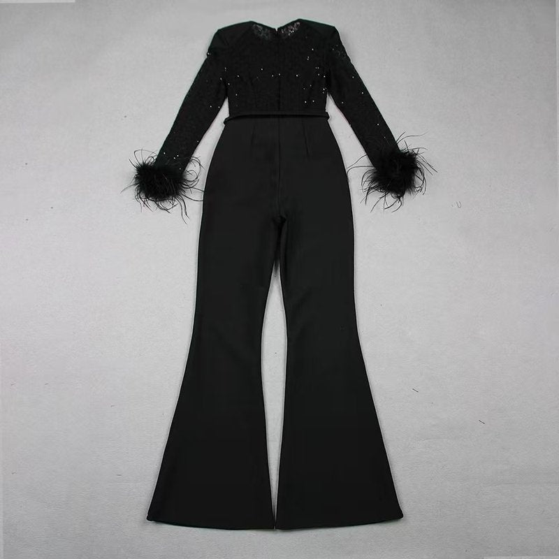 Black Feather Sleeve Velvet Jumpsuit H6435