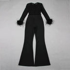 Black Feather Sleeve Velvet Jumpsuit H6435