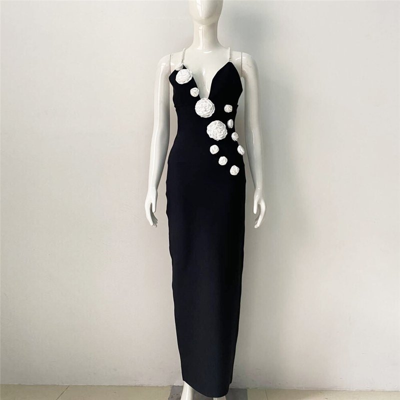 Black Floral Applique Midi Dress H6157