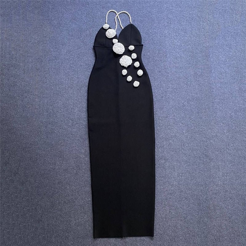 Black Floral Applique Midi Dress H6157