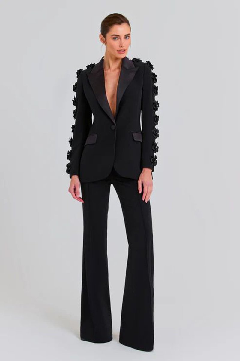 Black Floral Embellished Tuxedo Suit H6413