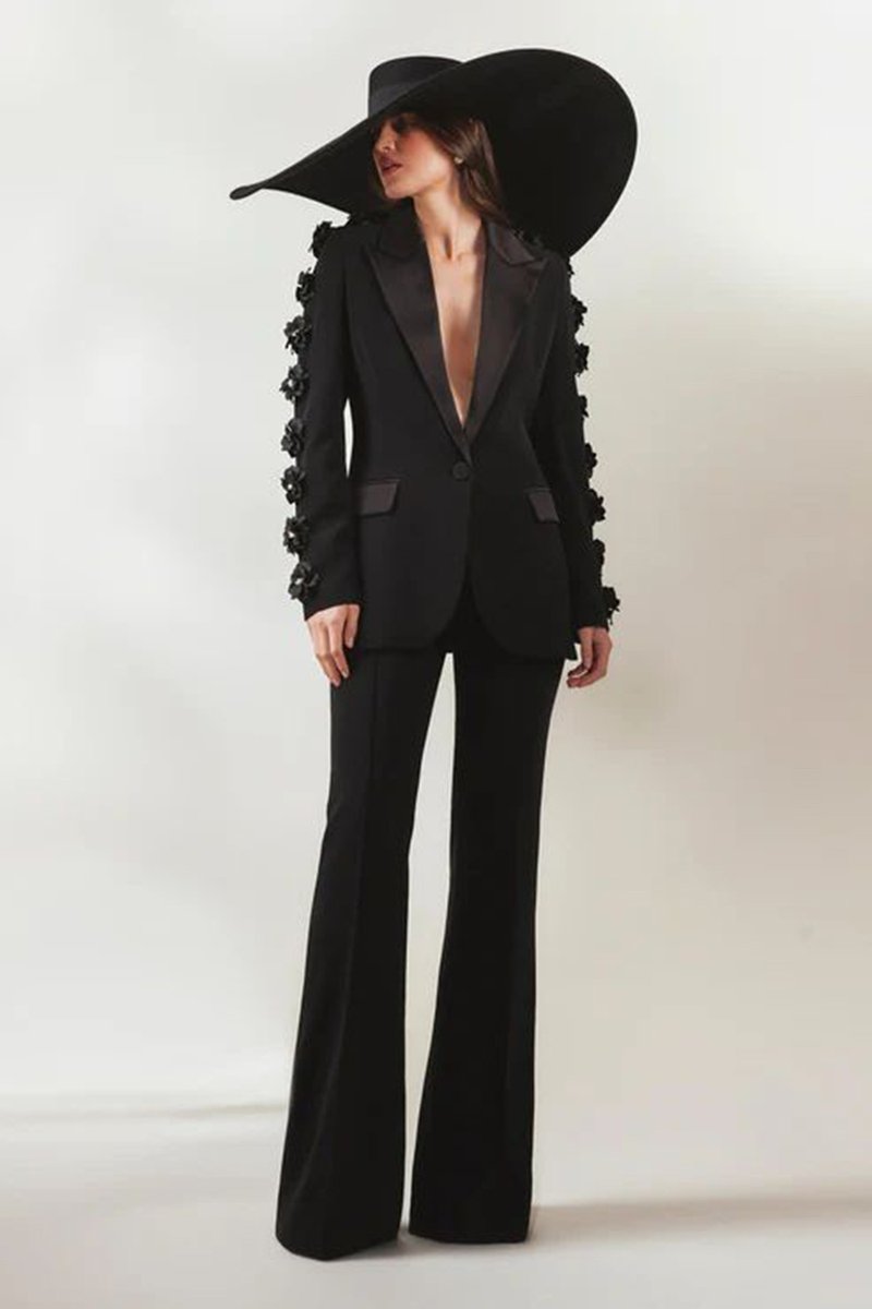Black Floral Embellished Tuxedo Suit H6413