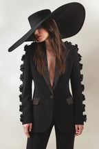 Black Floral Embellished Tuxedo Suit H6413