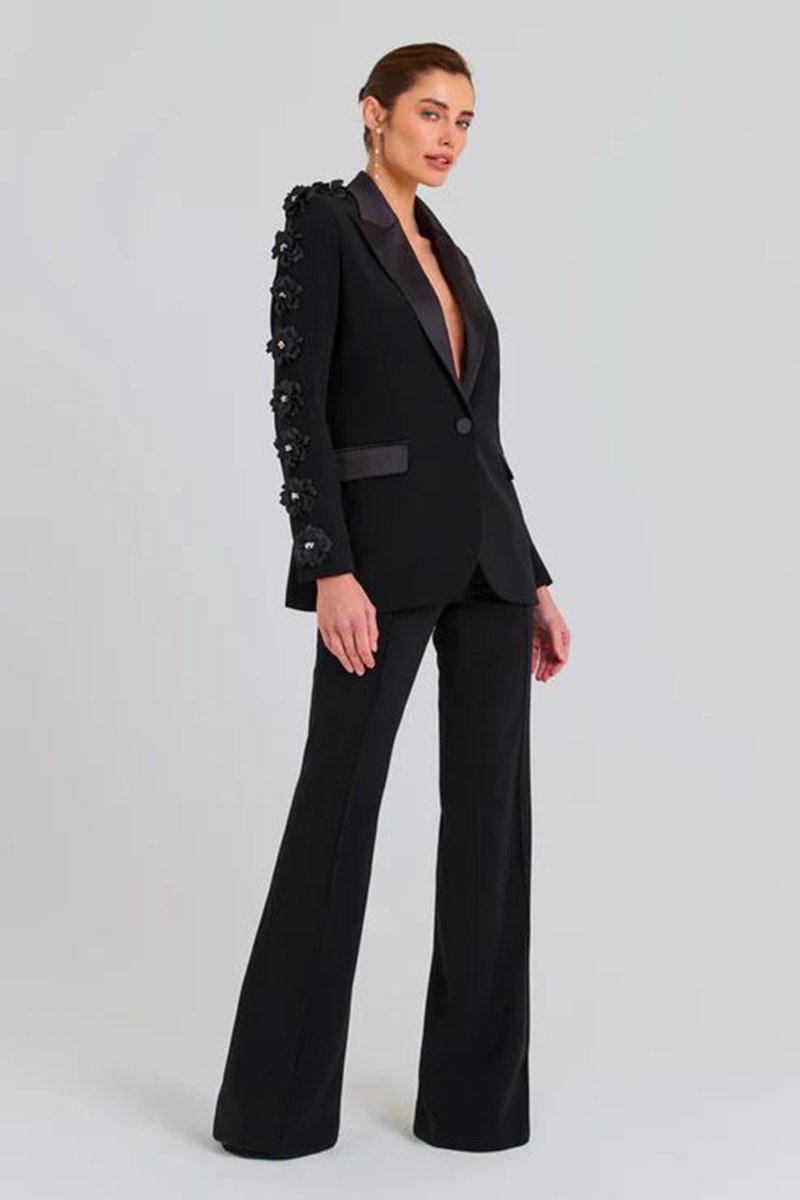 Black Floral Embellished Tuxedo Suit H6413
