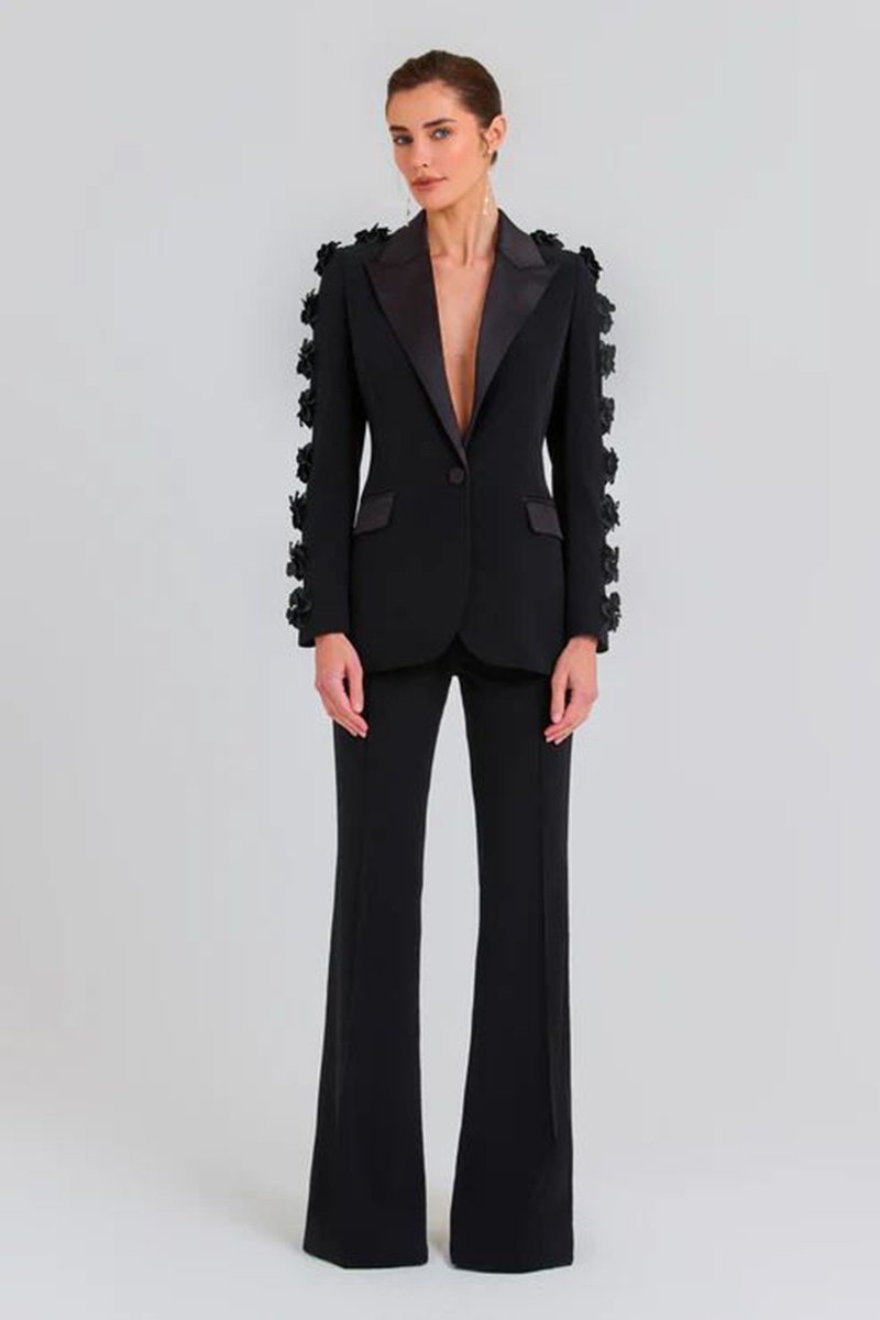 Black Floral Embellished Tuxedo Suit H6413