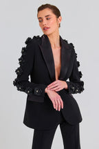 Black Floral Embellished Tuxedo Suit H6413