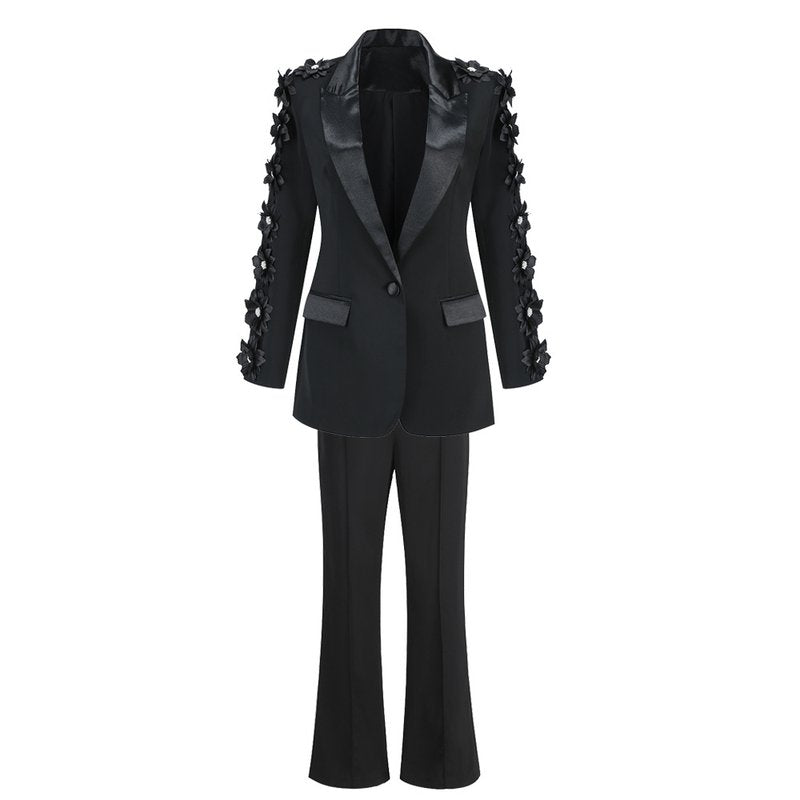 Black Floral Embellished Tuxedo Suit H6413