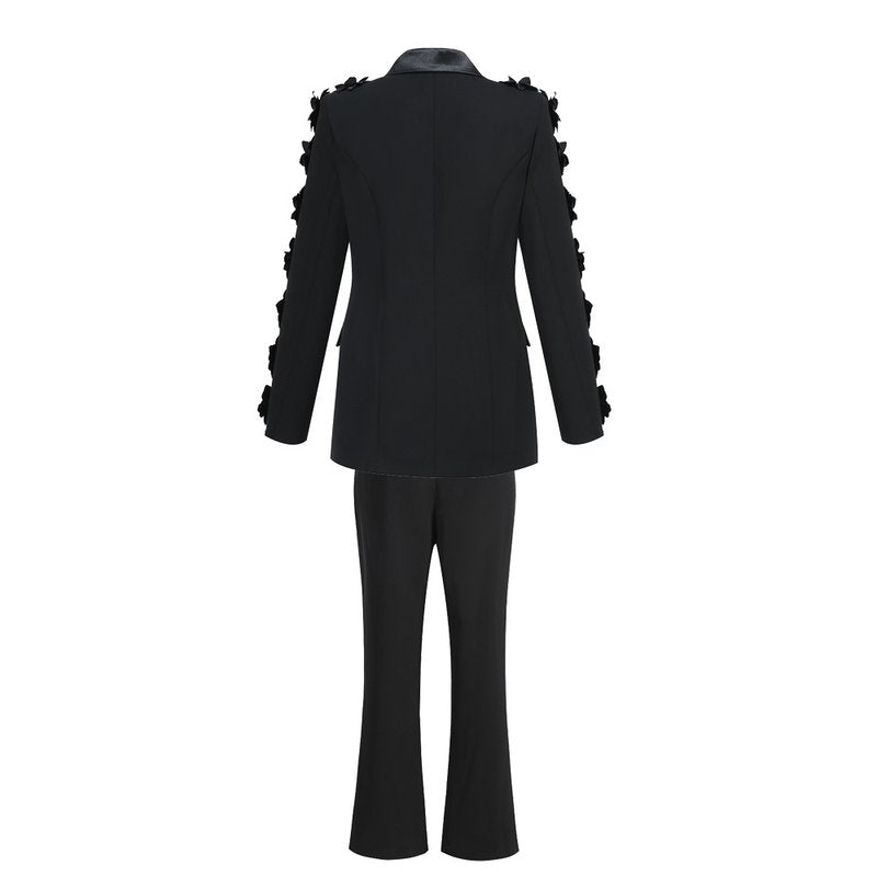 Black Floral Embellished Tuxedo Suit H6413