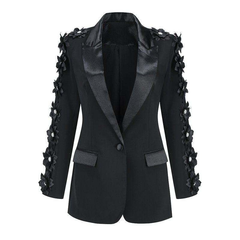 Black Floral Embellished Tuxedo Suit H6413