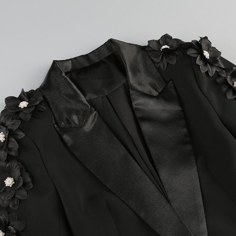 Black Floral Embellished Tuxedo Suit H6413