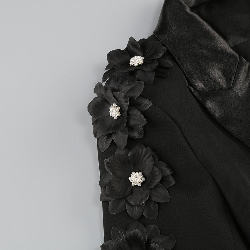 Black Floral Embellished Tuxedo Suit H6413