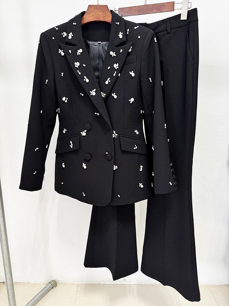 Black Floral Embellished Tuxedo Suit H7085