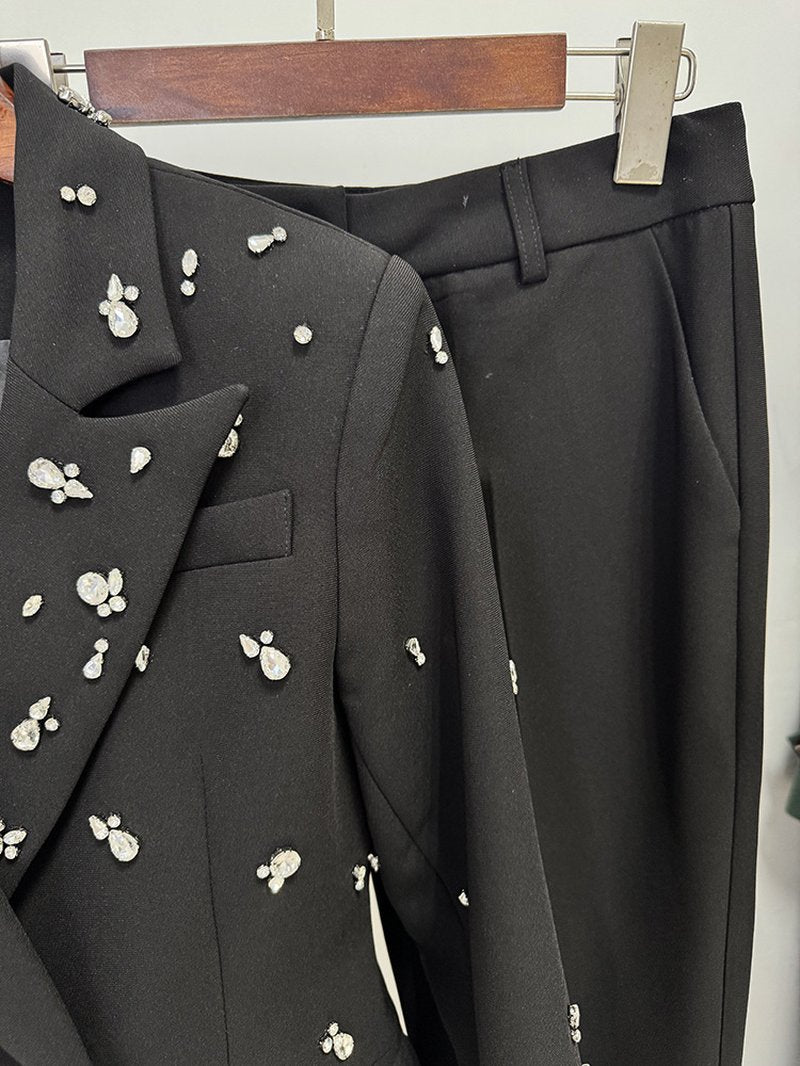 Black Floral Embellished Tuxedo Suit H7085