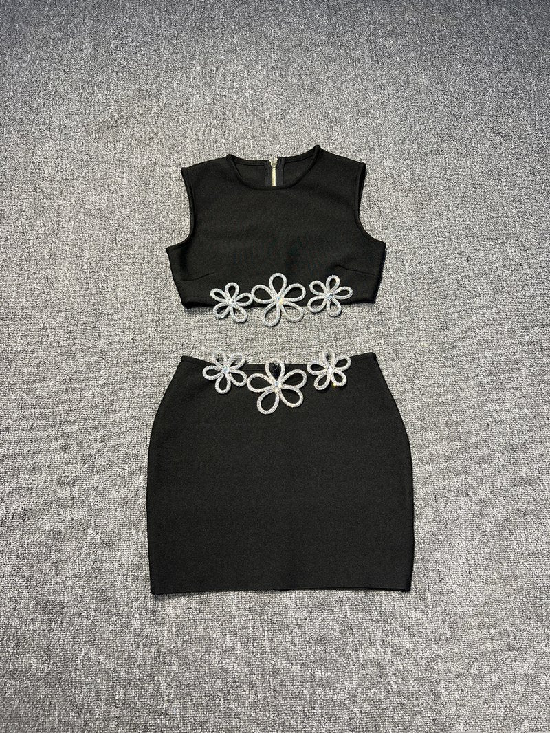 Black Floral Embroidered Crop Top & Mini Skirt Set H6196