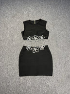 Black Floral Embroidered Crop Top & Mini Skirt Set H6196