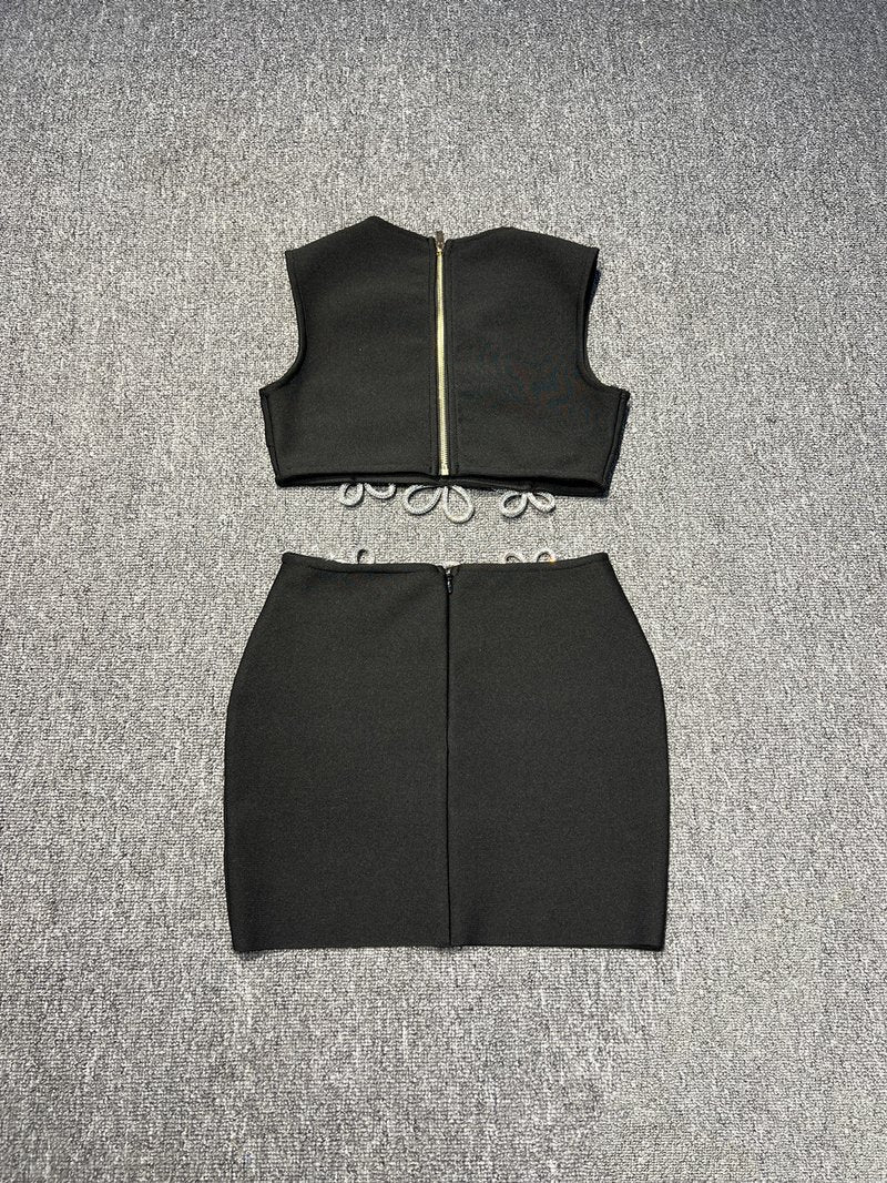 Black Floral Embroidered Crop Top & Mini Skirt Set H6196