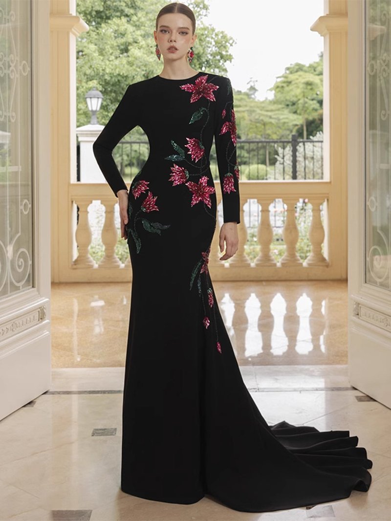 Black Floral Embroidered Mermaid Gown H7049
