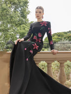 Black Floral Embroidered Mermaid Gown H7049