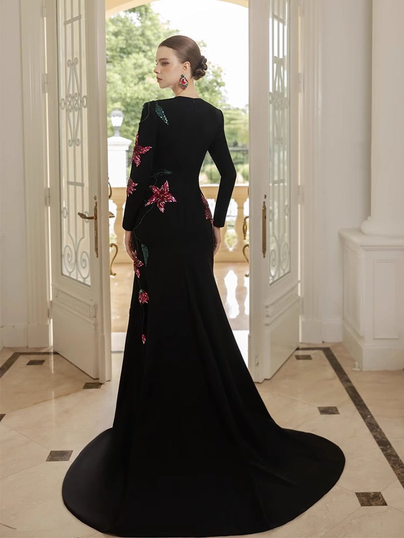 Black Floral Embroidered Mermaid Gown H7049
