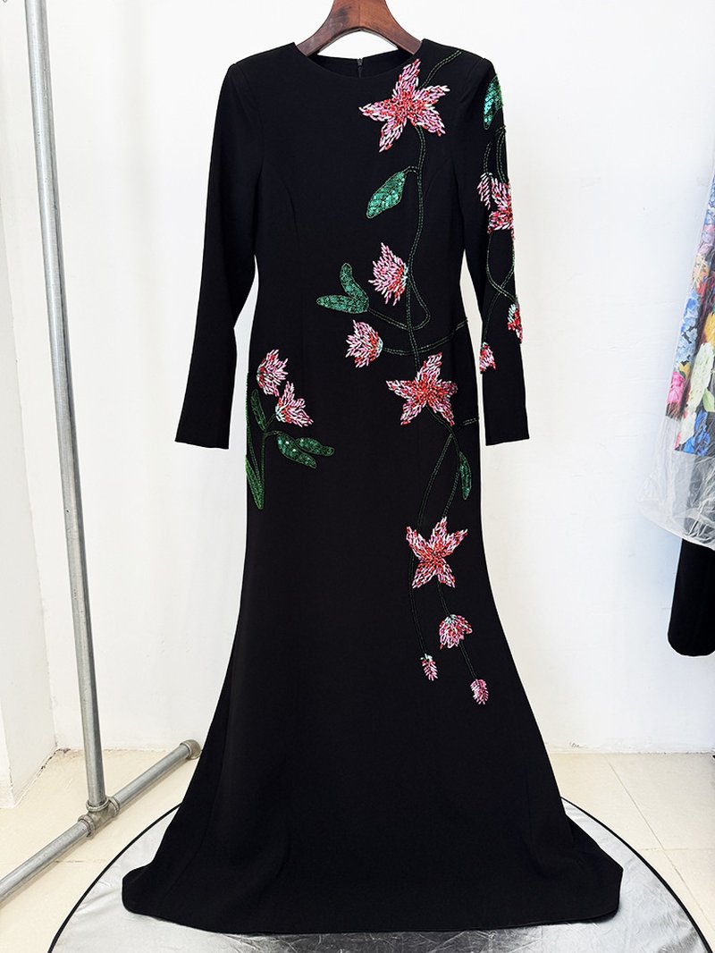 Black Floral Embroidered Mermaid Gown H7049