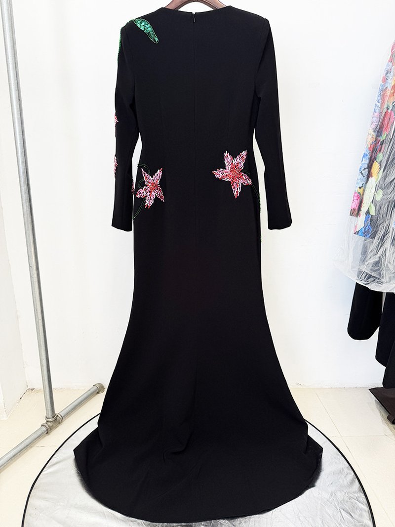 Black Floral Embroidered Mermaid Gown H7049