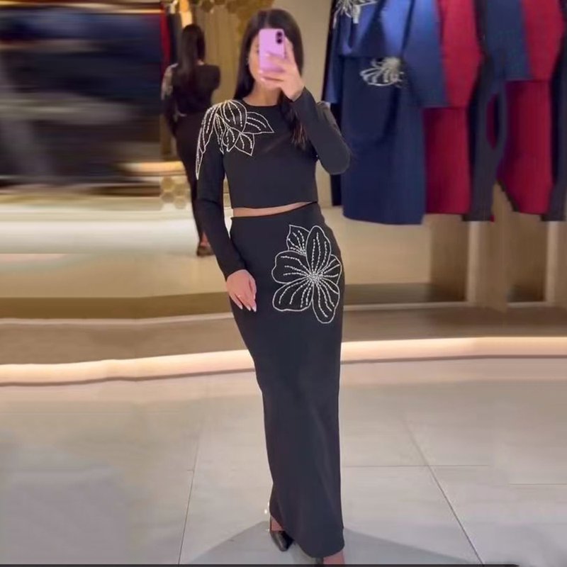 Black Floral Embroidered Two-Piece Set H6820