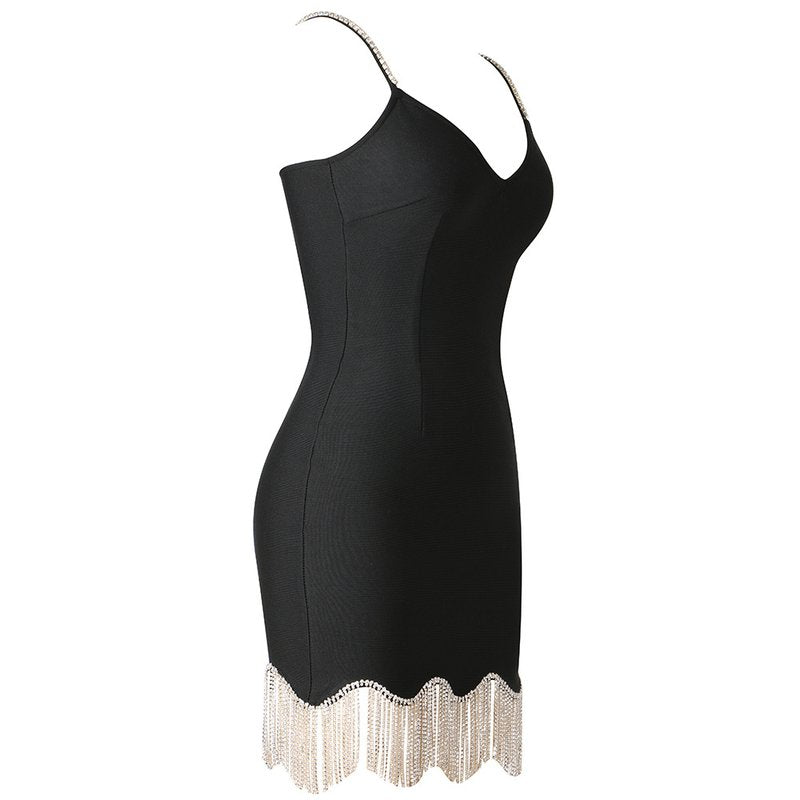Black Fringe Hem Mini Dress H3644