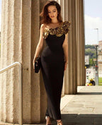 Black Gold Rose Embellished Midi Dress H6322
