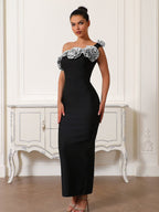 Black Gold Rose Embellished Midi Dress H6322