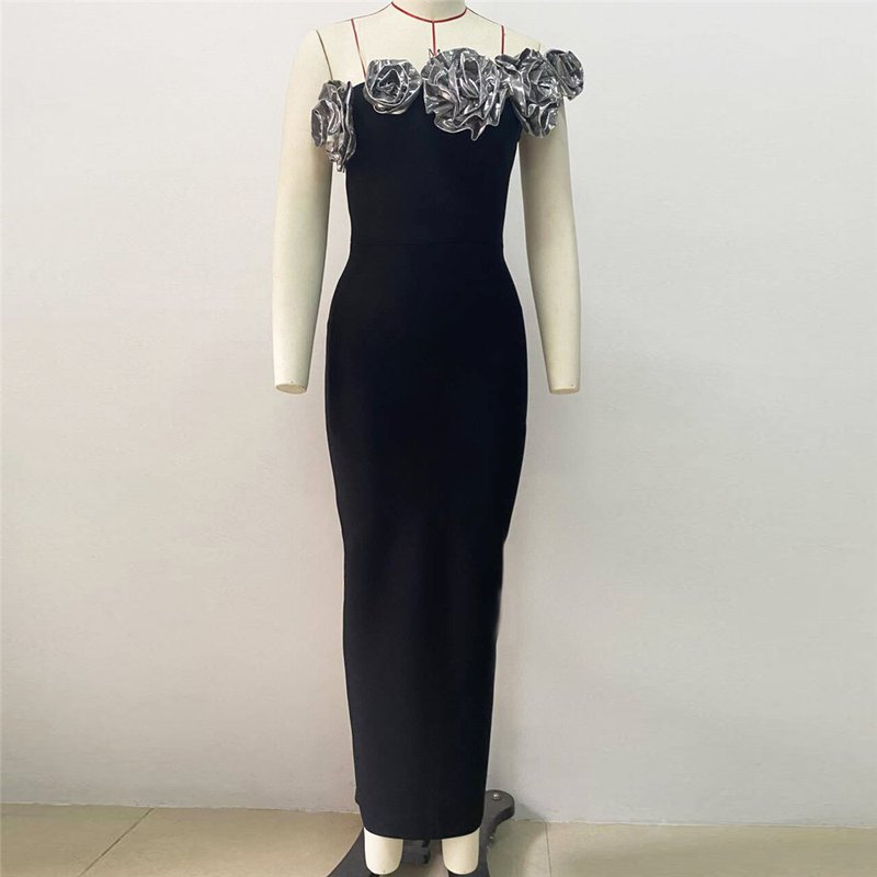 Black Gold Rose Embellished Midi Dress H6322