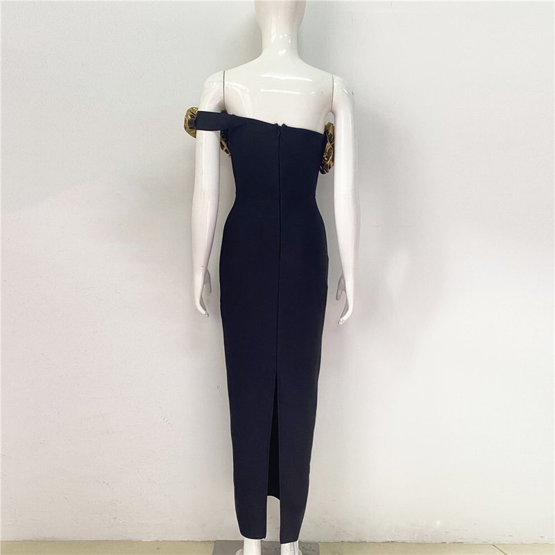 Black Gold Rose Embellished Midi Dress H6322