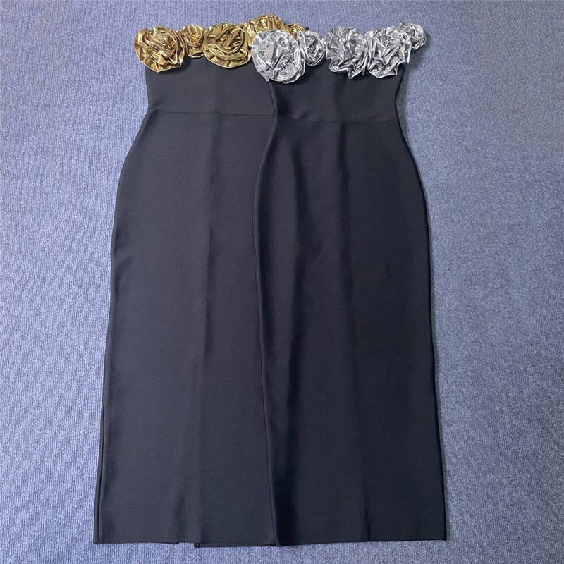Black Gold Rose Embellished Midi Dress H6322