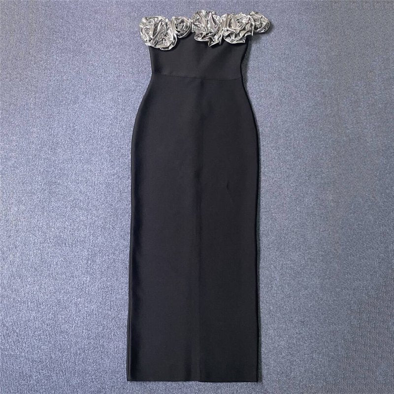 Black Gold Rose Embellished Midi Dress H6322