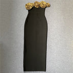 Black Gold Rose Embellished Midi Dress H6322