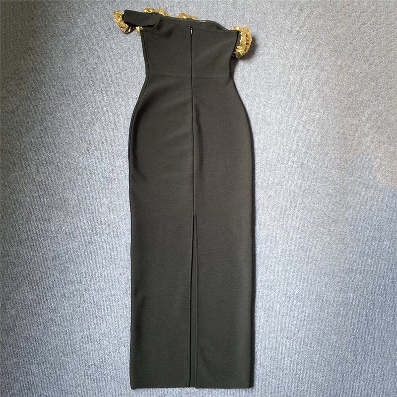 Black Gold Rose Embellished Midi Dress H6322