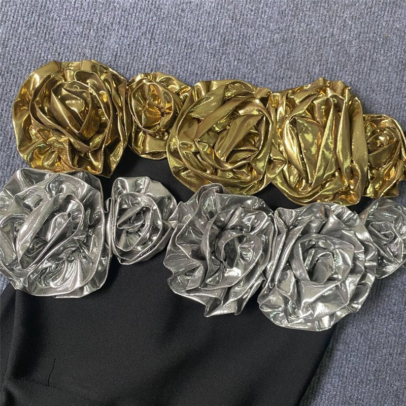 Black Gold Rose Embellished Midi Dress H6322