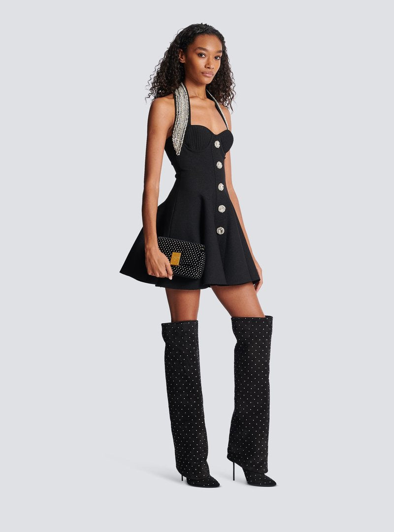 Black Halter Beaded Button Mini Dress H6204